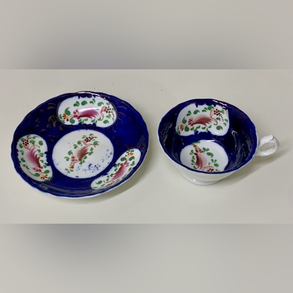 19th Century Antique Gaudy Welsh Feather Pattern Cup & Saucer Tea Set - Picture 3 of 16